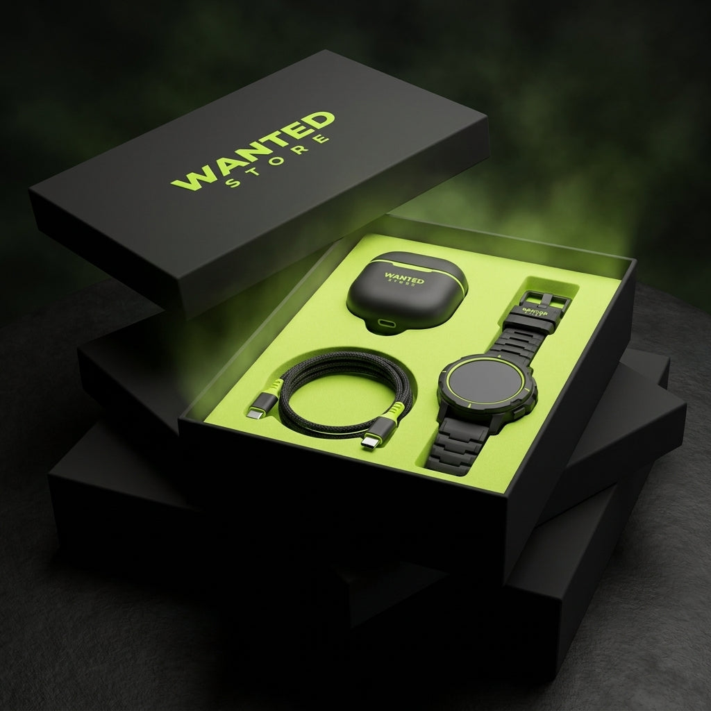 Coffret Wanted Store ouvert avec ses accessoires pour smartphone