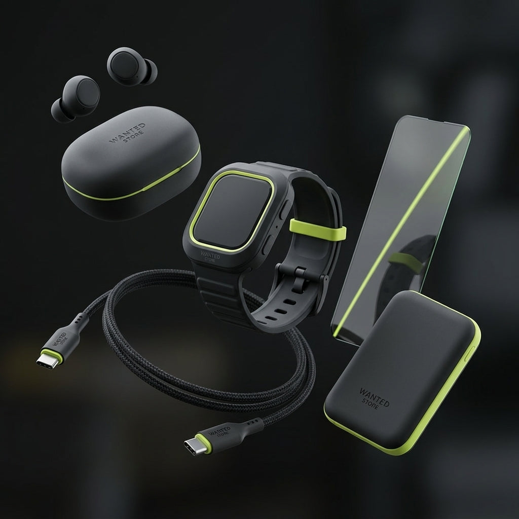 Accessoires Wanted Store compatibles Android : écouteurs, montre, câble USB-C, batterie, verre trempé