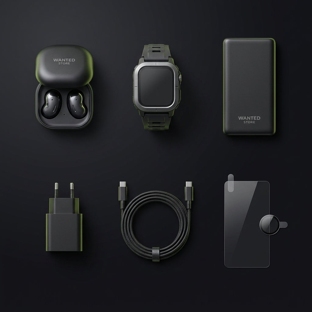 Box 6-en-1 Android Wanted Store : écouteurs, montre connectée, batterie, chargeur USB-C, câble et verre trempé