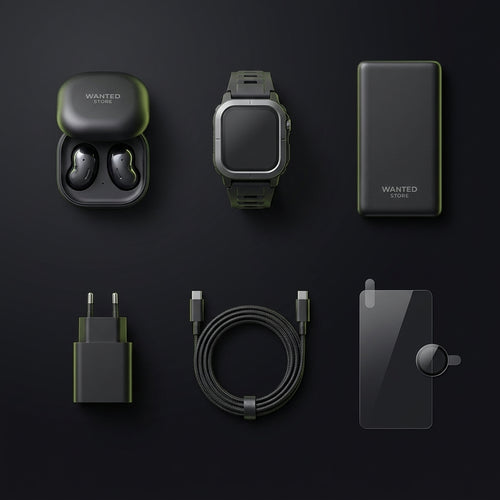 Box 6-en-1 Android Wanted Store : écouteurs, montre connectée, batterie, chargeur USB-C, câble et verre trempé