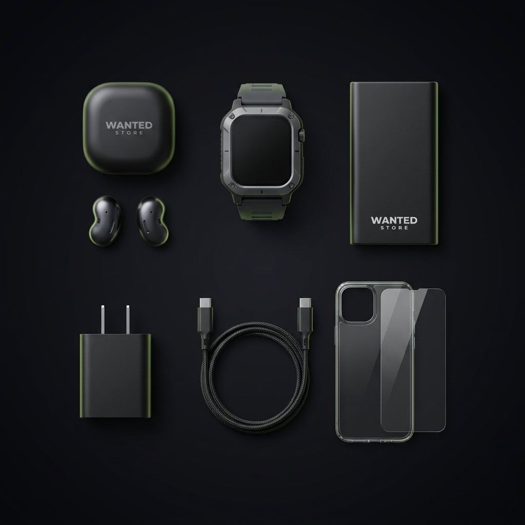 Box 6-en-1 iPhone Wanted Store : écouteurs, montre connectée, batterie, chargeur, câble et protection