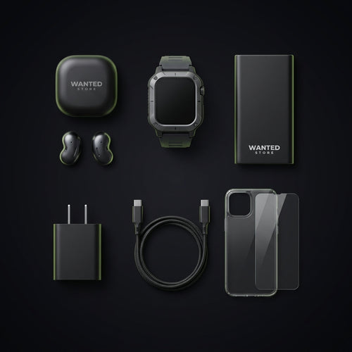 Box 6-en-1 iPhone Wanted Store : écouteurs, montre connectée, batterie, chargeur, câble et protection